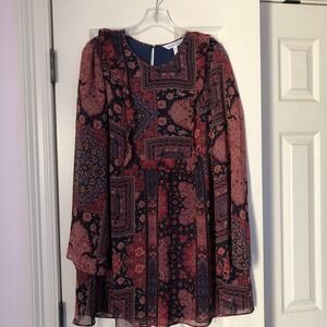 BCBGeneration Womens Sheer Dress Red And Black Ruffle Boho Patchwork Size Medium